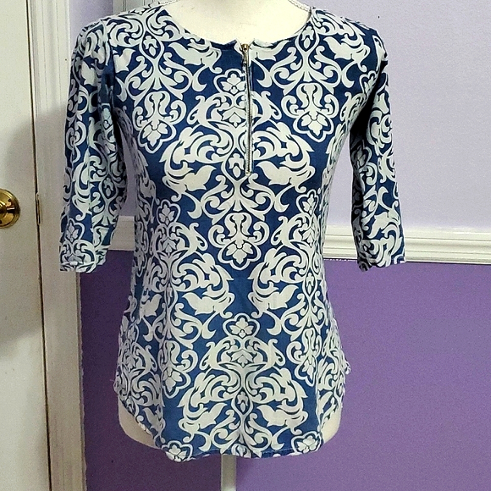 Love Moschino Boho Chic Blue Medallion Print Fitted Bell Sleeve Top XS